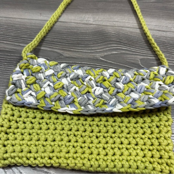 Handmade Crochet Shoulder Bag Green Gray Textured Knit Y2K Artisan Purse - Picture 2 of 5